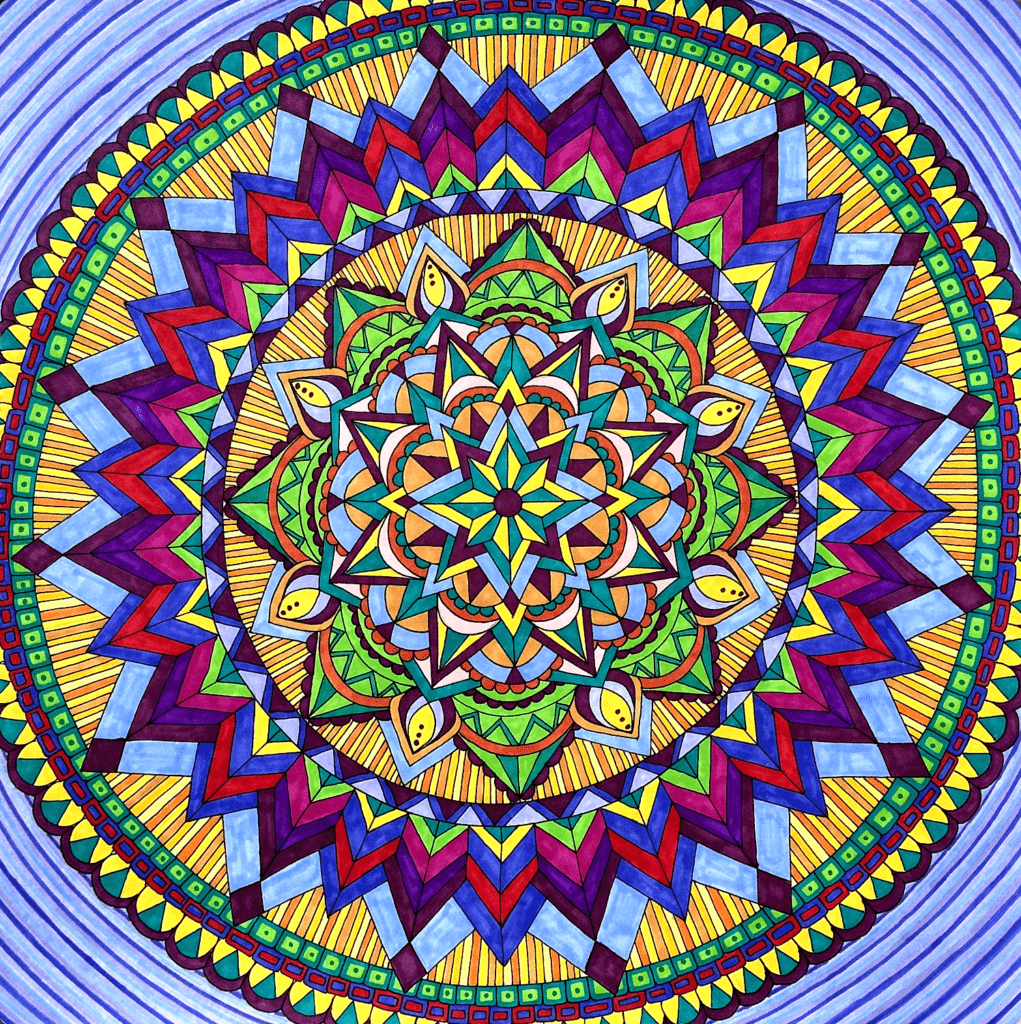 Mandala #2, pen and colored pencil on paper, 14"x14", © 2024 Tara Marolf