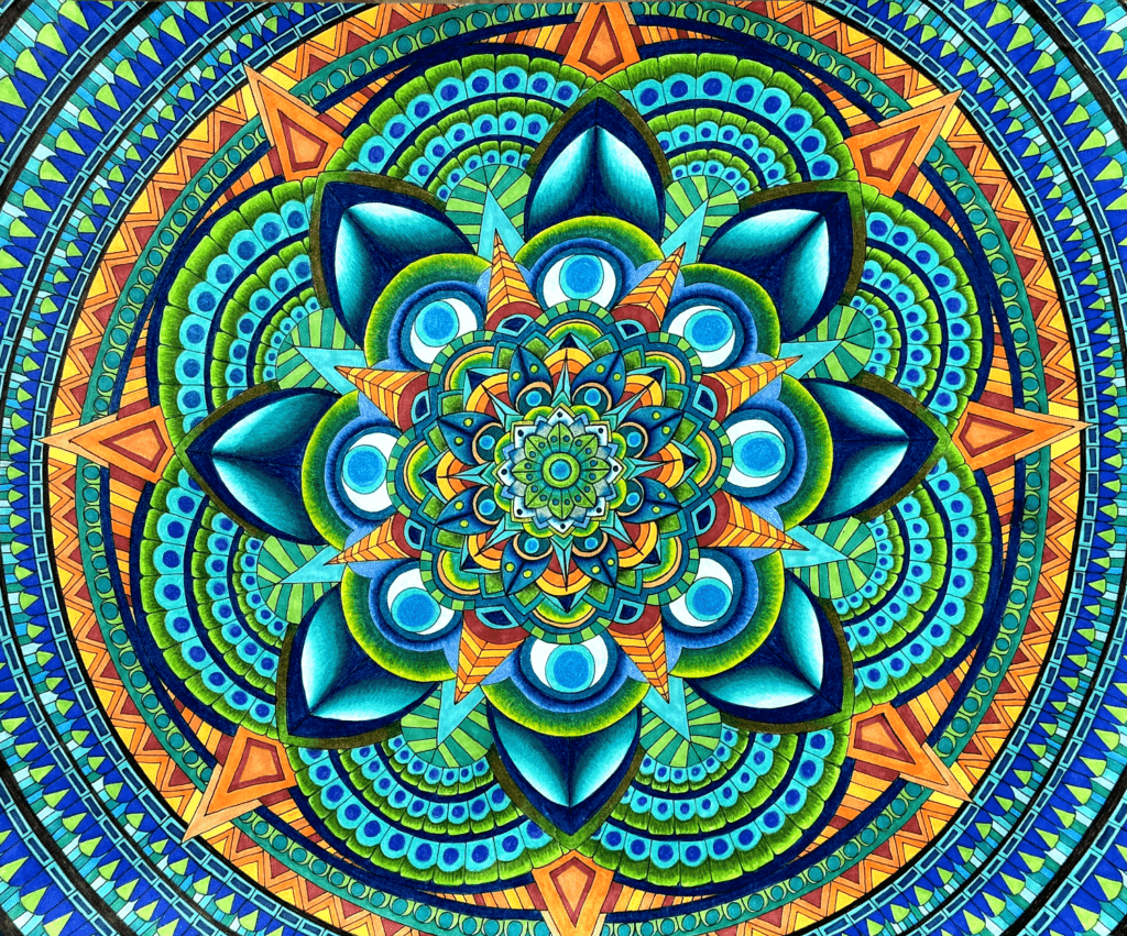 Mandala #4, pen and colored pencil on paper, 14"x17", © 2024 Tara Marolf