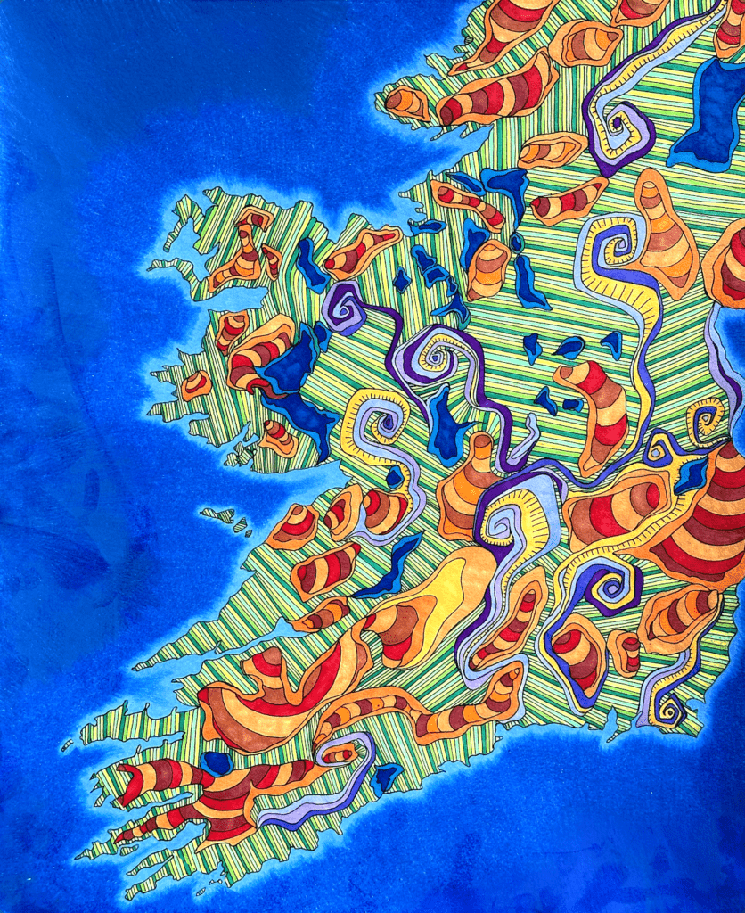 Maps #2, pen and colored pencil on paper, 14"x17", © 2024 Tara Marolf