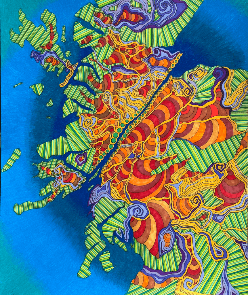 Maps #1, pen and colored pencil on paper, 14"x17", © 2024 Tara Marolf